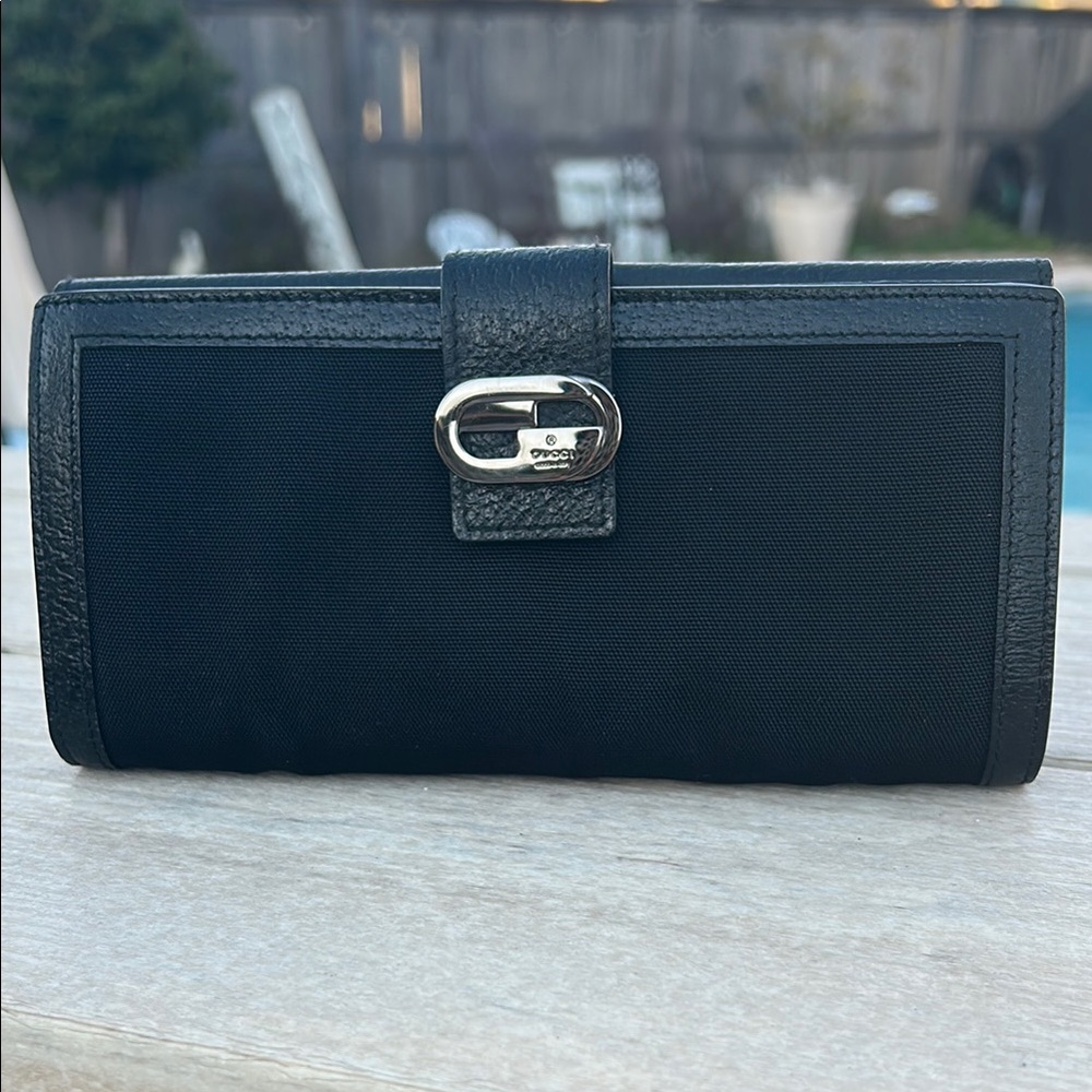 GUCCI EUC Leather and Canvas Long Wallet